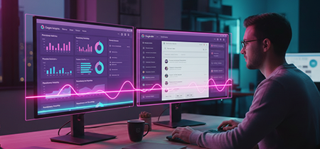 איש שיווק עובד מול שתי מסכים