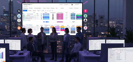 אנשים בחדר ישיבות מול מסך מאנדיי