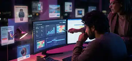 מנהלי שיווק מול מסך עם נתונים